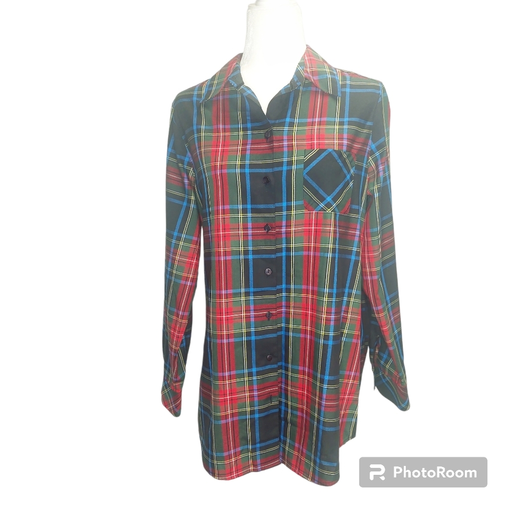 Orvis Women's red blue green Plaid‎ Button Down Tunic Size Medium